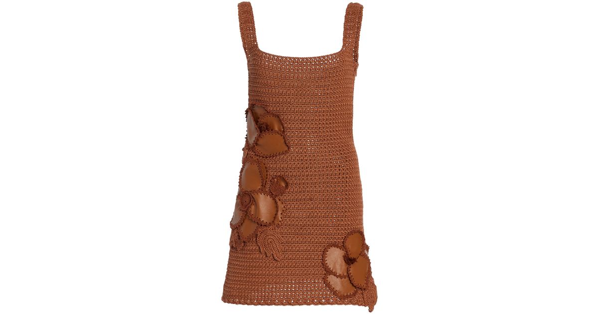 Oscar de la Renta Leather-Trimmed Crocheted Cotton Mini Dress in Brown |  Lyst