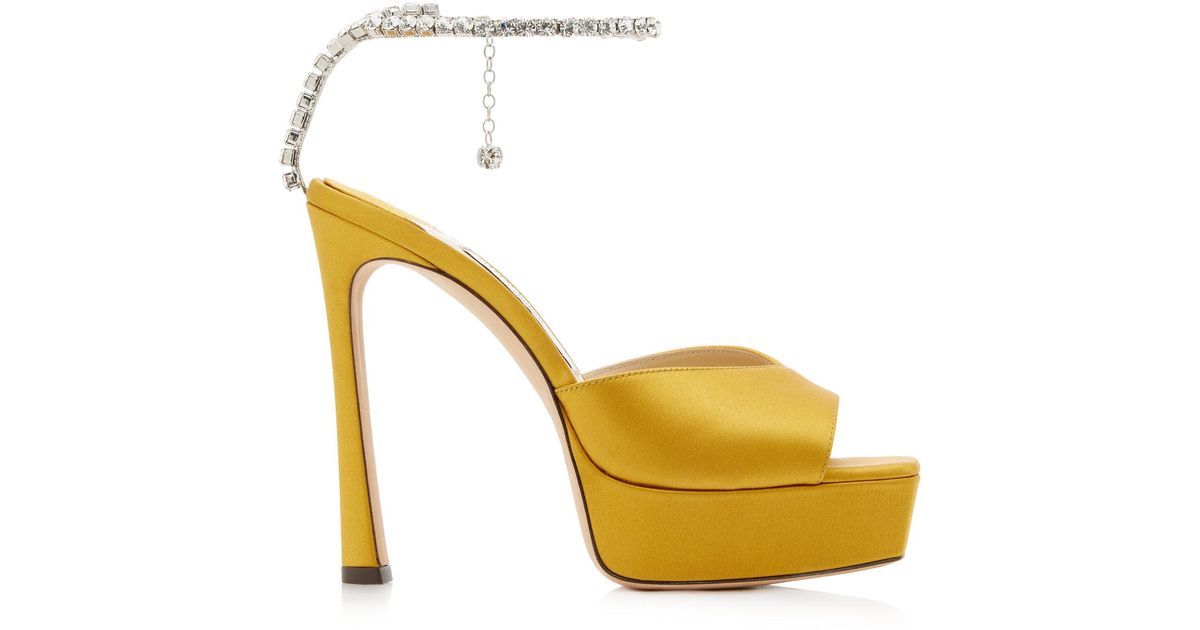 Jimmy Choo Saeda Crystal-embellished Satin Platform Sandals in Yellow ...