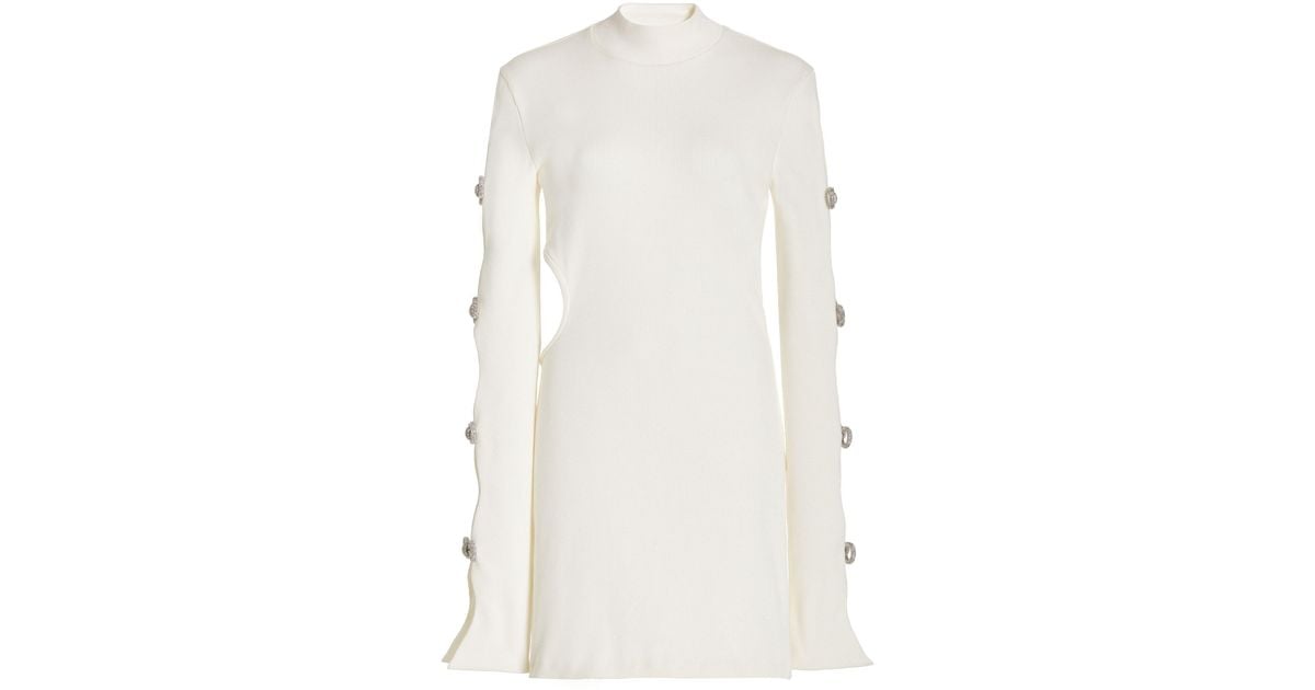 Mach Mach Crystal-embellished Ribbed Cotton Mini Dress in White