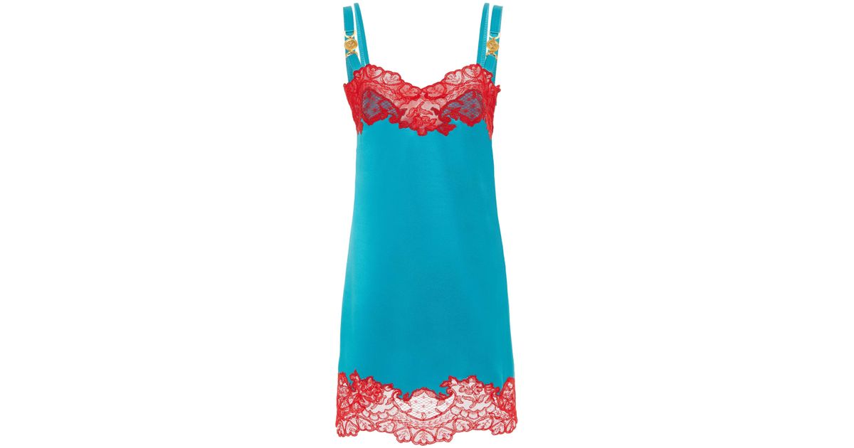 Versace Lace Trimmed Slip Silk Mini Dress In Blue Lyst