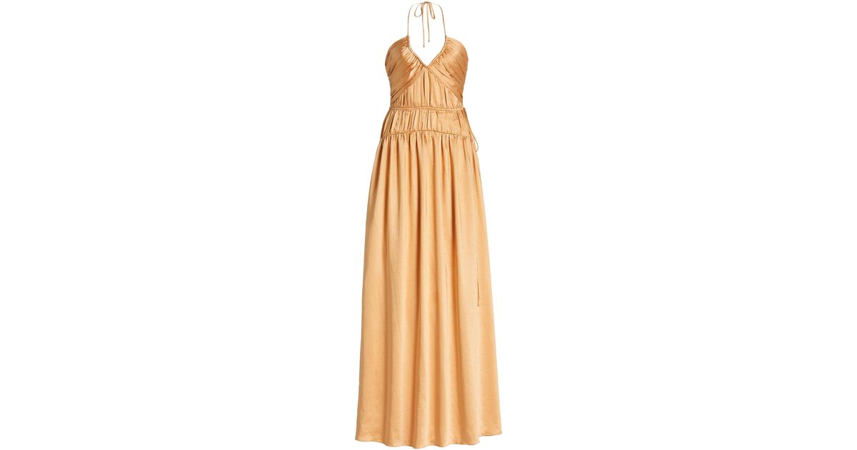 Jonathan Simkhai Clementine Ruched Satin Maxi Halter Dress in Brown Lyst