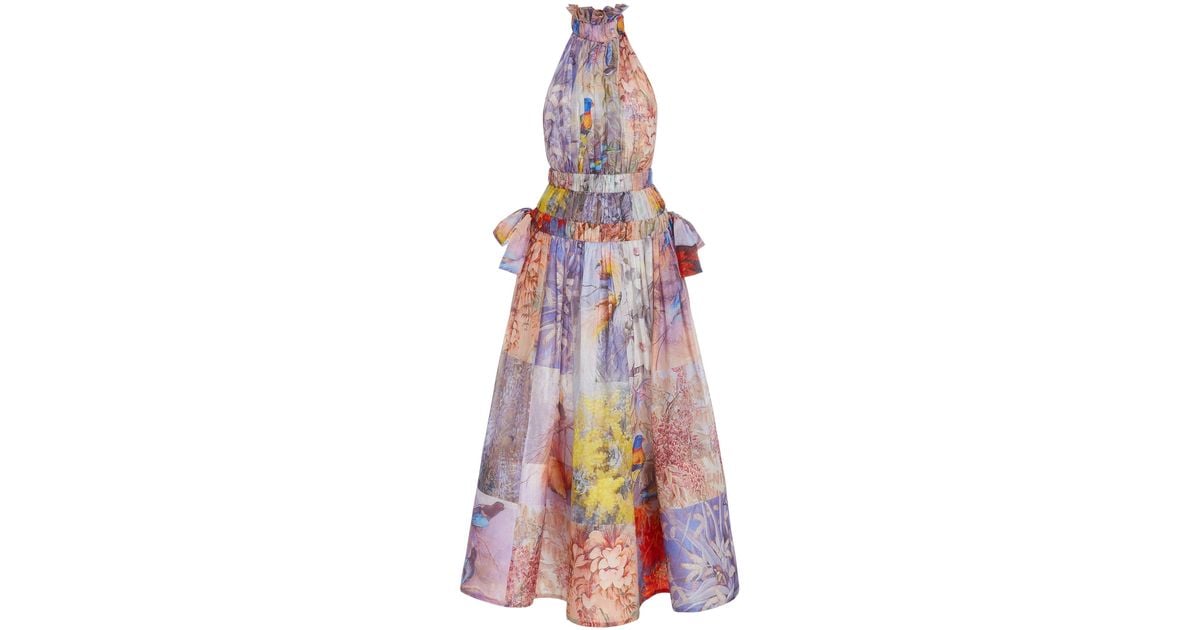 Zimmermann Botanica Patchwork-print Linen-silk Midi Halter