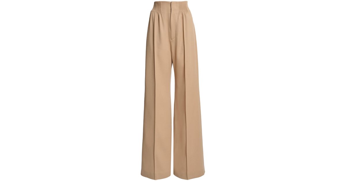 Chloé Shirred High-rise Wool Gabardine Wide-leg Pants in Natural