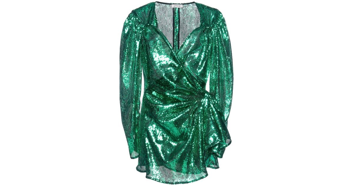 The Attico Synthetic Wrap-effect Sequined-tulle Mini Dress in Green - Lyst