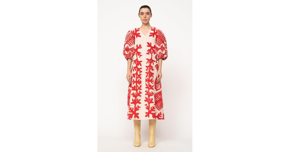 Sea Henrietta Printed Cotton Midi Dress in Red | Lyst
