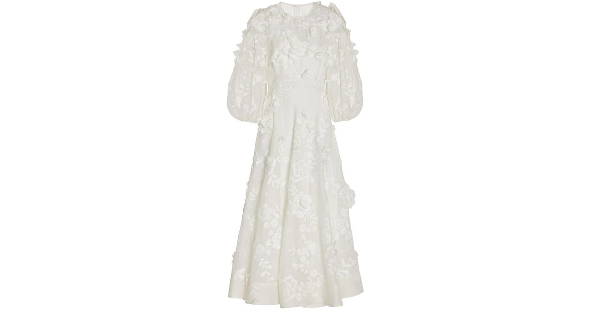 Zimmermann Postcard Floralappliqued Linensilk Midi Dress in White