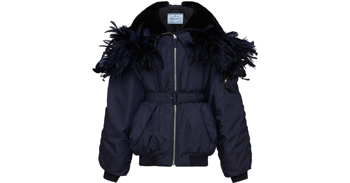 Prada Feather-trimmed Re-nylon Bomber Jacket in Blue | Lyst