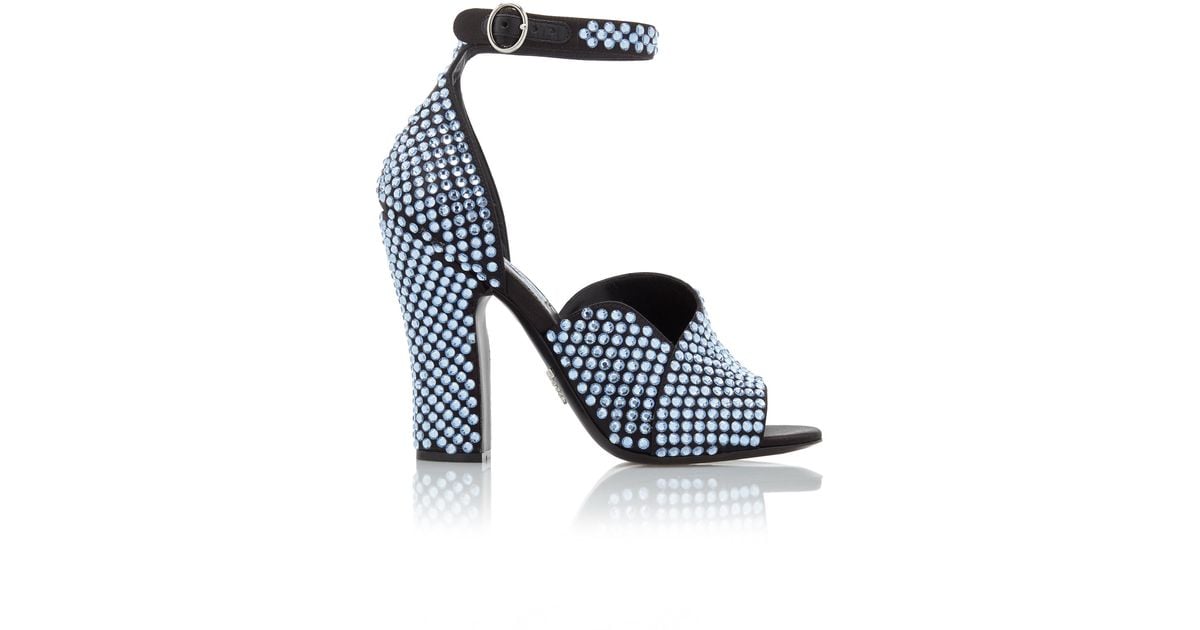 Prada Crystal-embellished Satin Sandals in Blue | Lyst $990 PRADA Blue Jewel Studded Leather Ankle Strap Block Heels Sandals 40/9.5-10 main image 0
