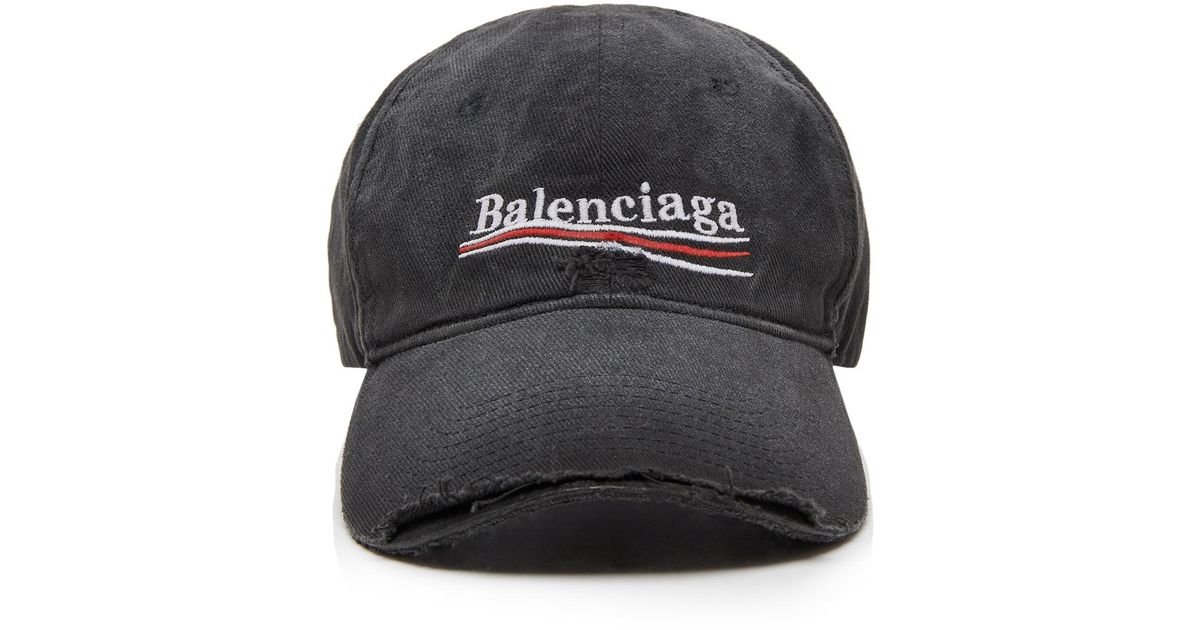 affjedring slim konservativ Balenciaga Political Embroidered Distressed Denim Cap in Black | Lyst