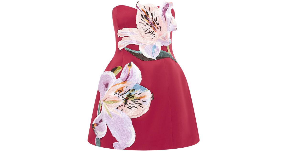 LEO LIN Rosario Floral-Appliqud Crepe Mini Dress in Red | Lyst UK