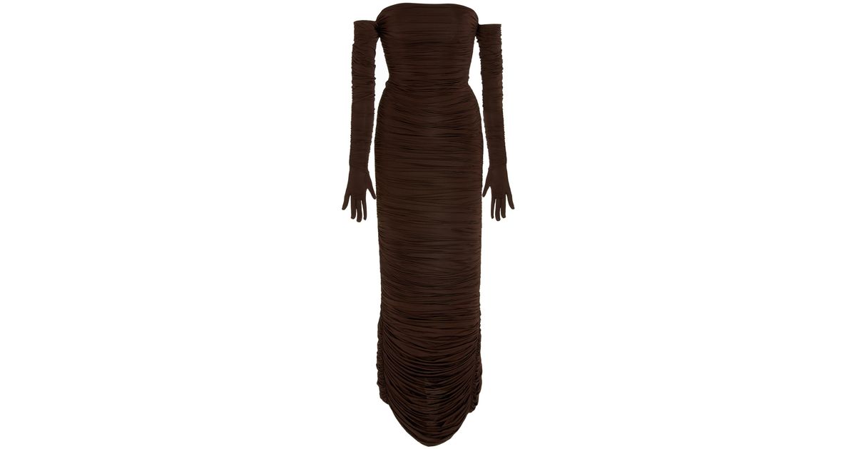 Alex Perry Huntley Ruched Column Dress in Brown | Lyst