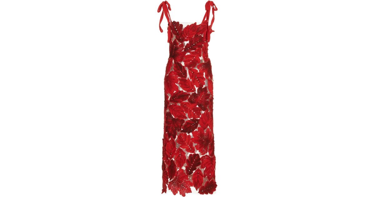 Oscar de la Renta Crochet Leaves Midi Dress in Red | Lyst