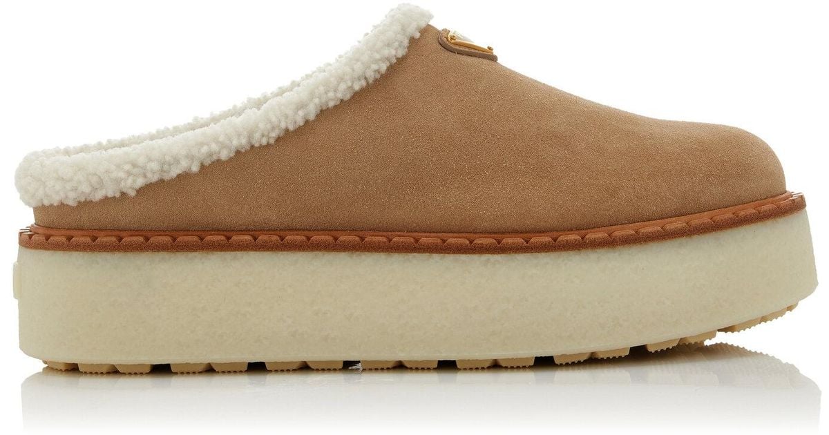 Prada Shearling Platform Mules in Natural | Lyst