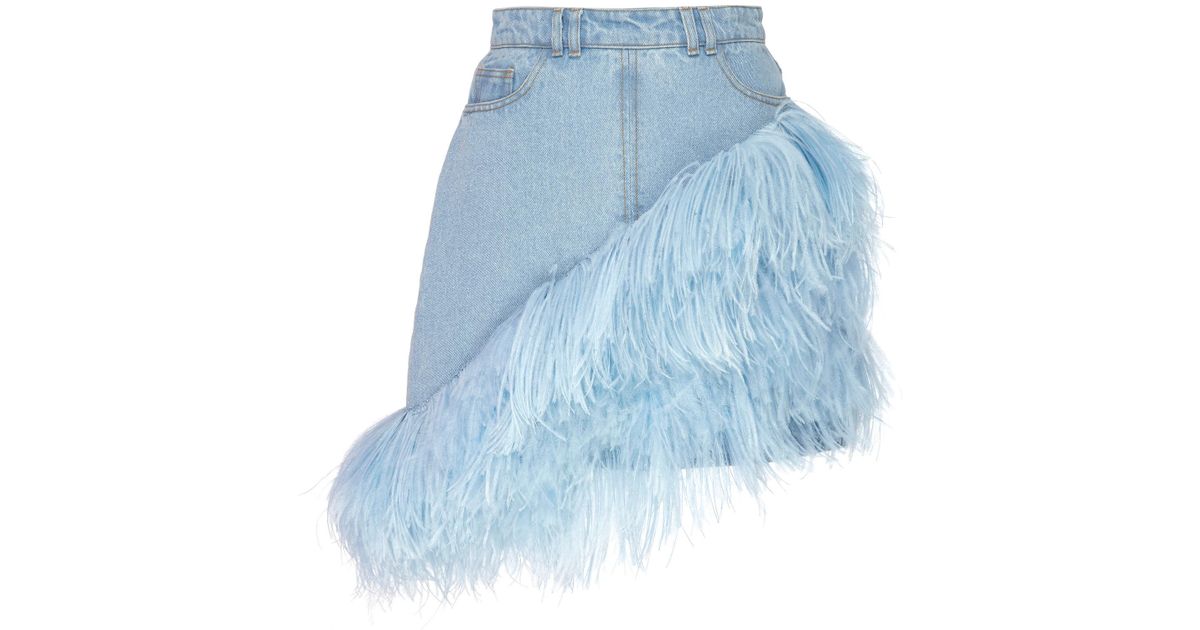 David Koma Feather-trimmed Denim Mini Skirt in Blue | Lyst UK