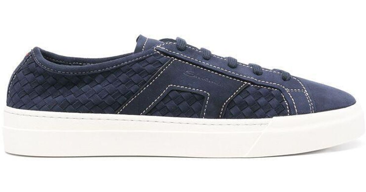 Santoni Blue Shearling Leather Sneakers