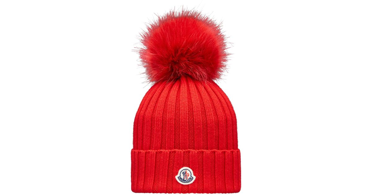 Moncler Beanie With Pom Pom in Red Lyst