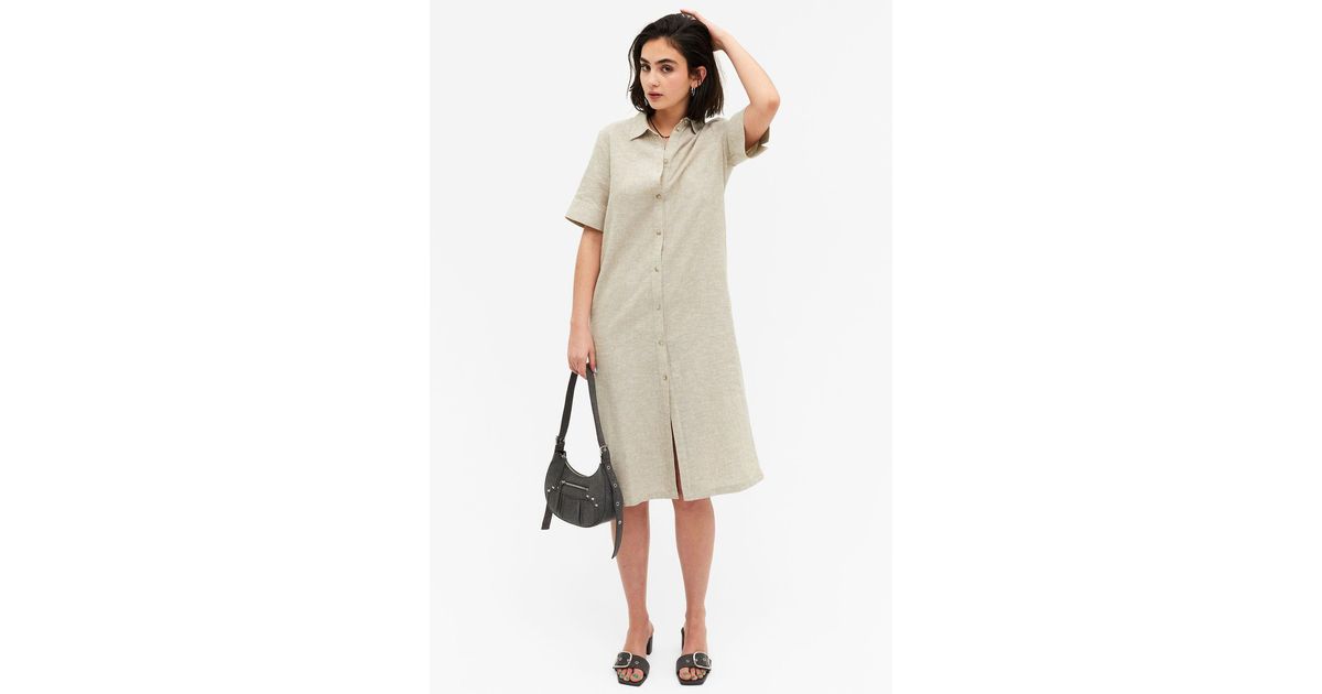 Monki Linen Blend Shirt Dress in Natural | Lyst UK