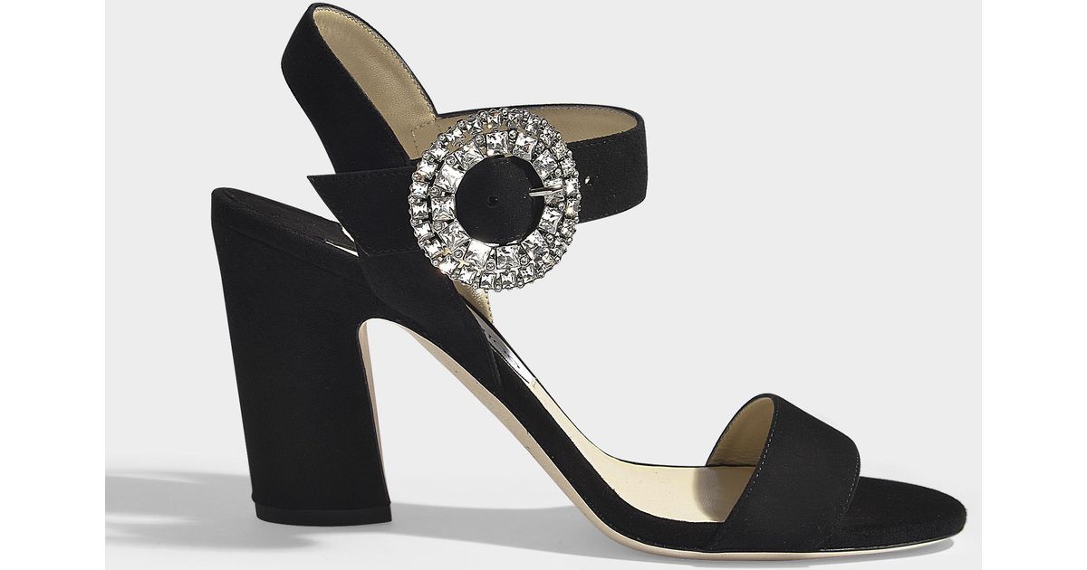 Jimmy Choo Mischa 85 Sandals In Black Suede Leather With Crystal Buckle -  Lyst
