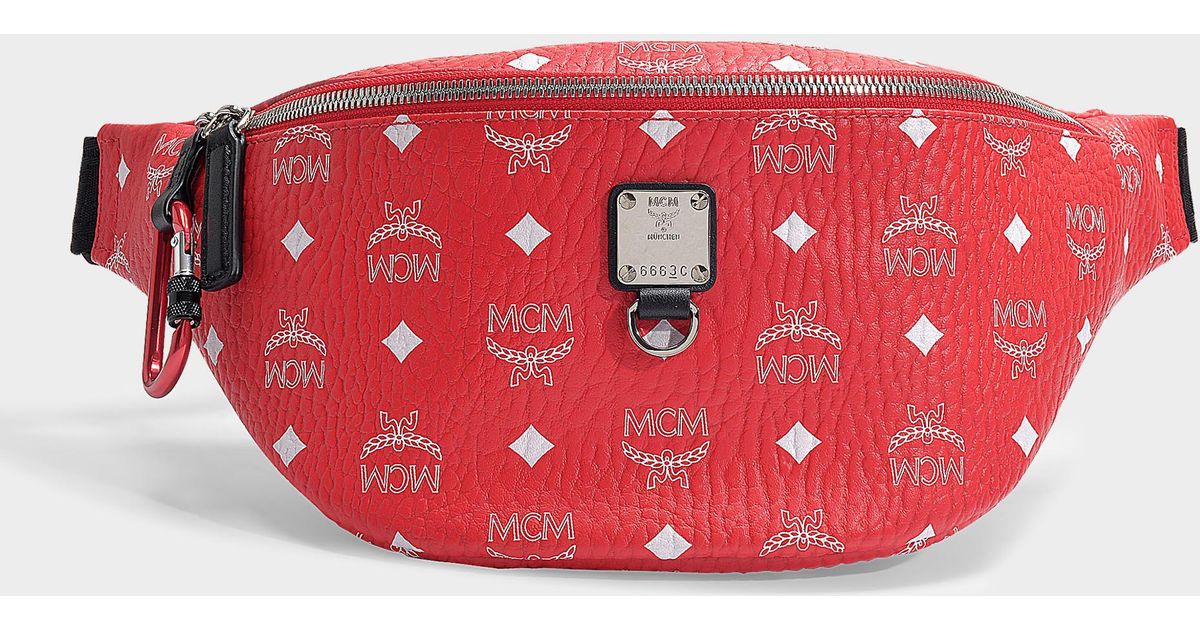 MCM Fursten White Logo Visetos Medium Belt Bag In White Logo Viva Red