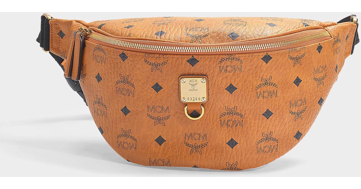 MCM Fursten Visetos Medium Belt Bag In Cognac Coated Canvas in Brown