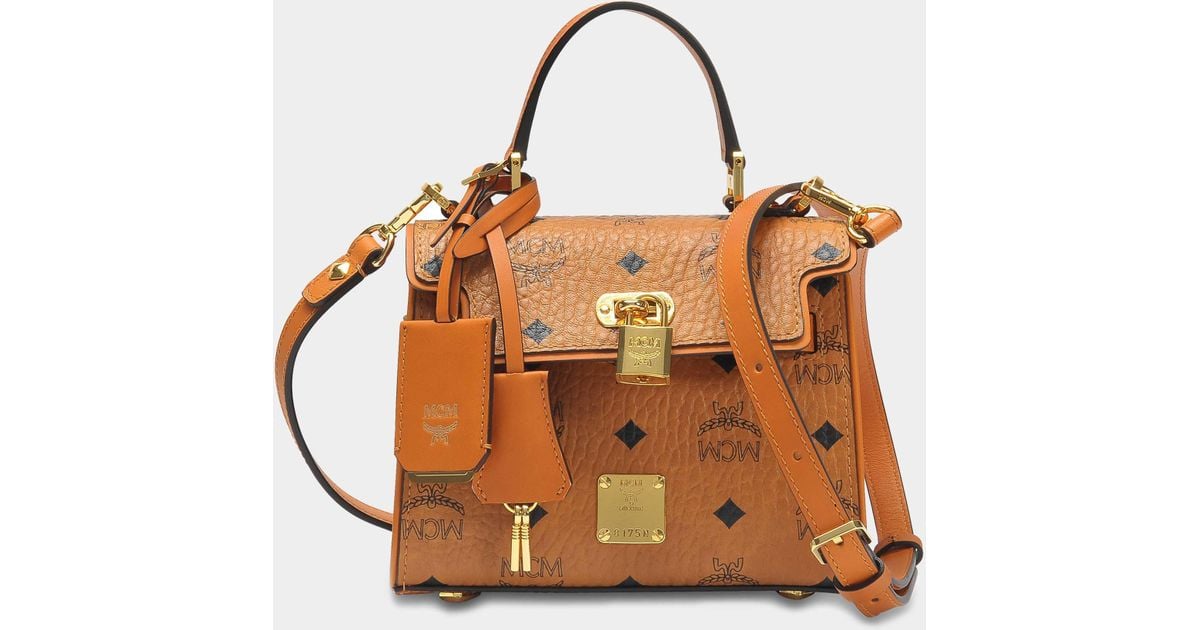 MCM Visetos X-Mini Heritage Top Handle Satchel Cognac 743657