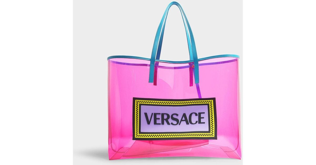 Versace 90's Vintage Logo Soft Tote In Pink Clear Vinyl