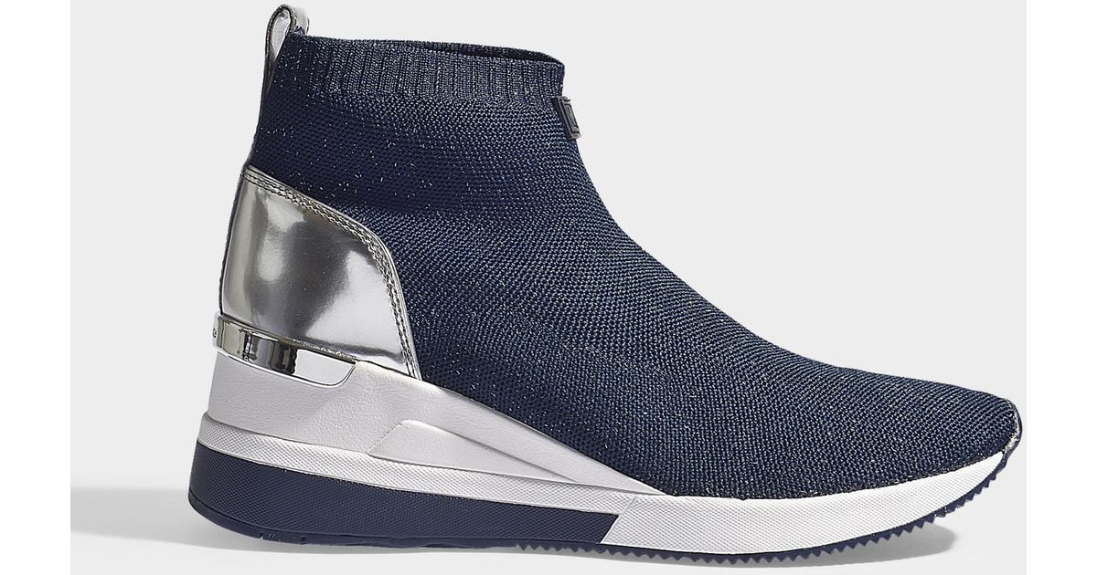 MICHAEL Michael Kors Skyler Bootie Sneakers In White And Blue Stretchy  Stitch And Nappa Leather | Lyst