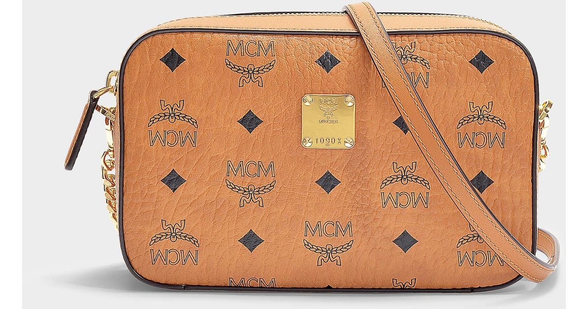 MCM Visetos Original Small Camera Bag In Cognac Coated Canvas in Brown