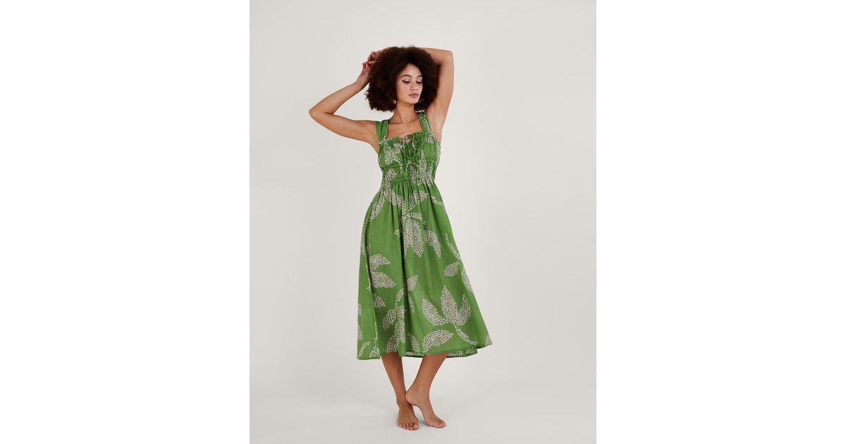 Monsoon Palm Spot Print Midi Sundress In Sustainable Cotton Green