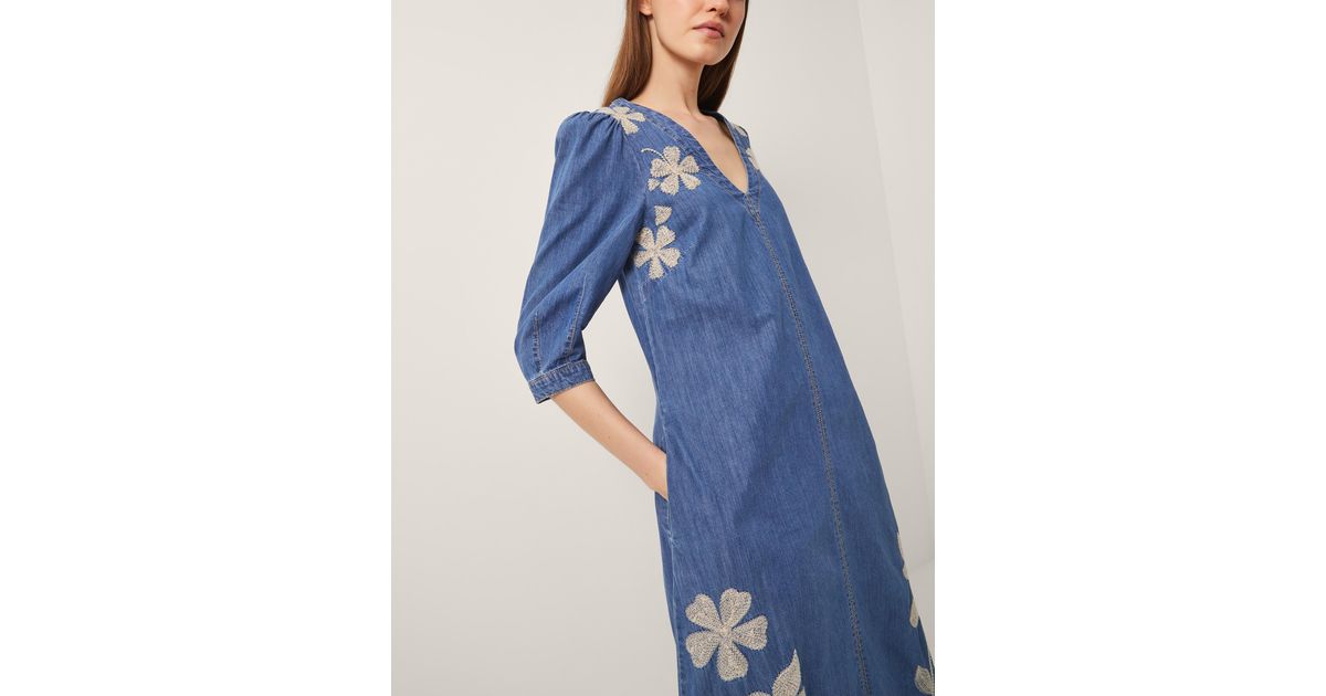Monsoon Fallon Floral Embroidered Denim Midi Dress Blue | Lyst UK