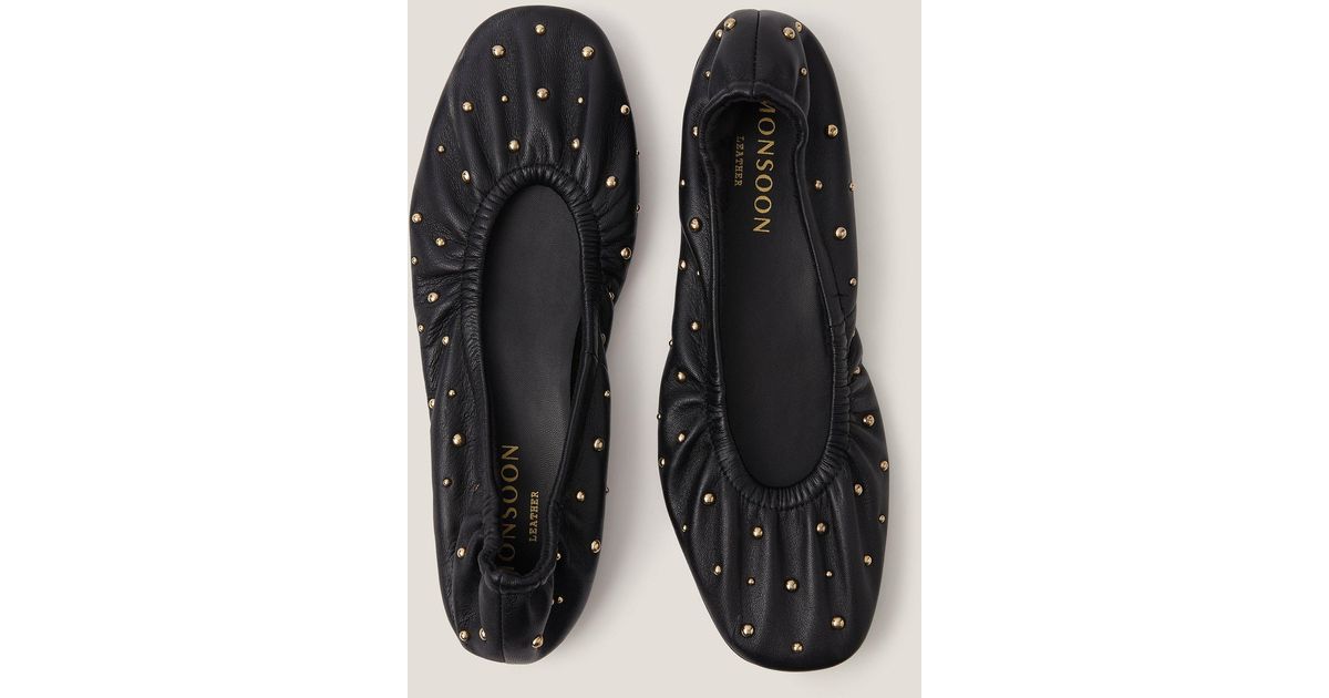 Monsoon Mila Leather Stud Ballet Pumps Black Lyst UK