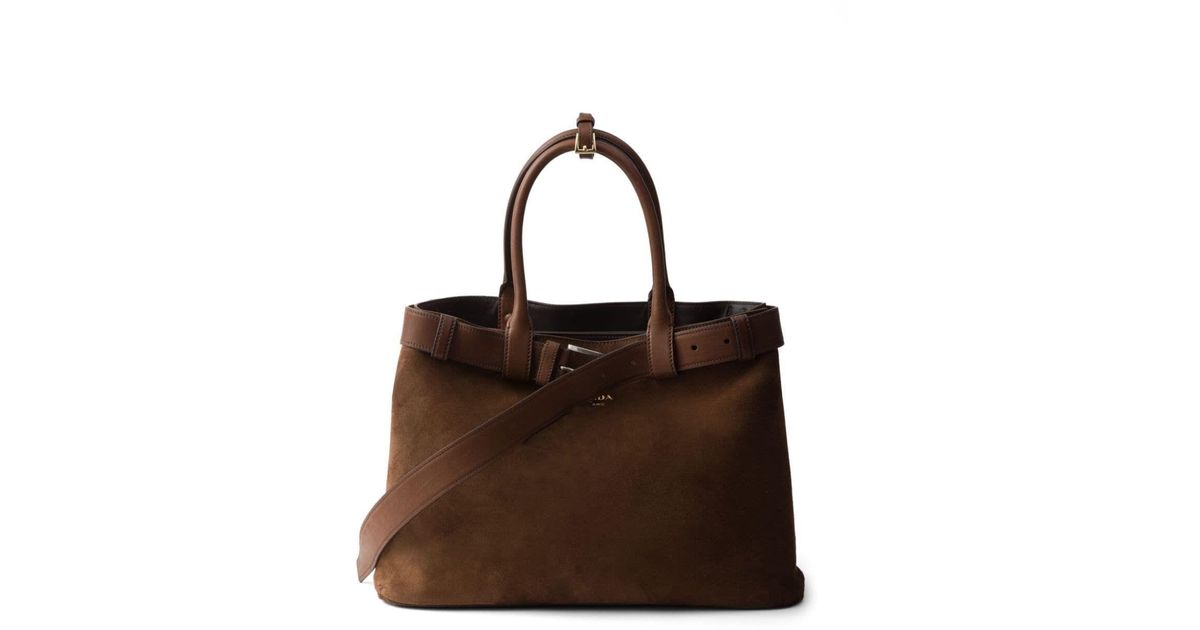 【関税&送料込】Prada Brown Suede Prada Buckle Large Handbag Cocoa Brown Prada Buckle Suede Bag With Belt | PRADA