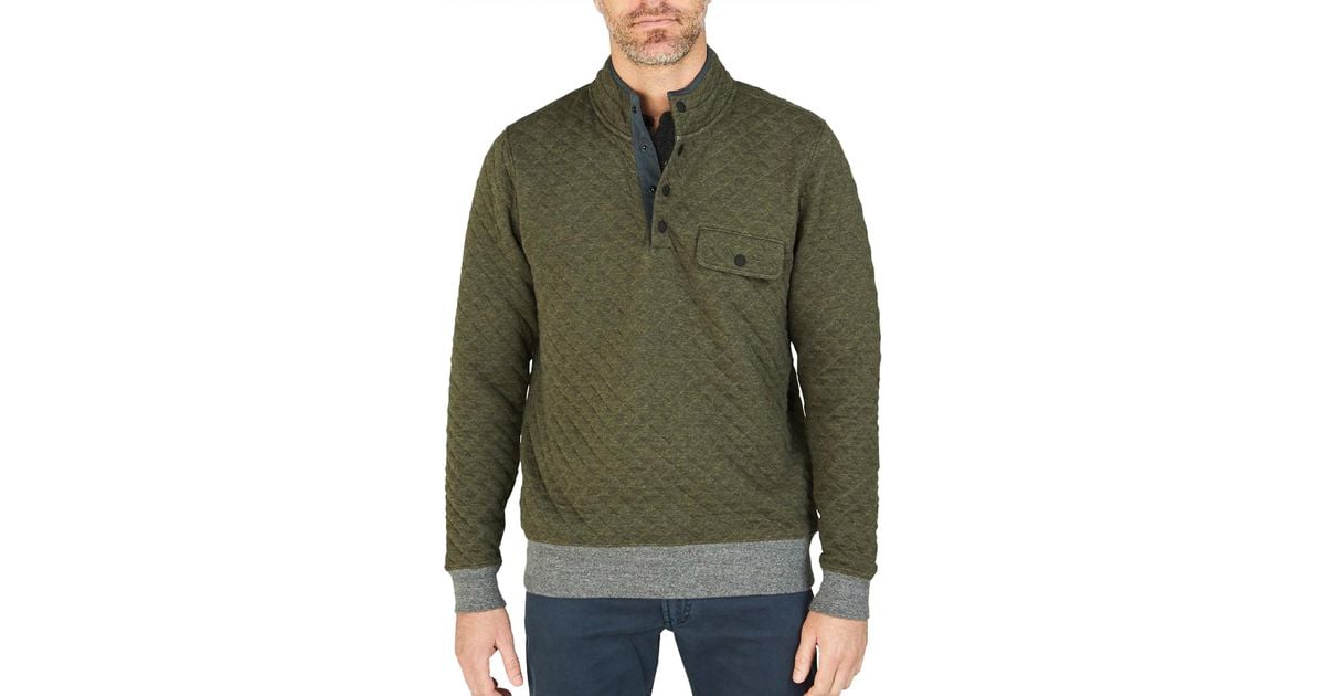 Faherty Brand Cotton Quilted Snap Pullover Sweater in Olive Heather
