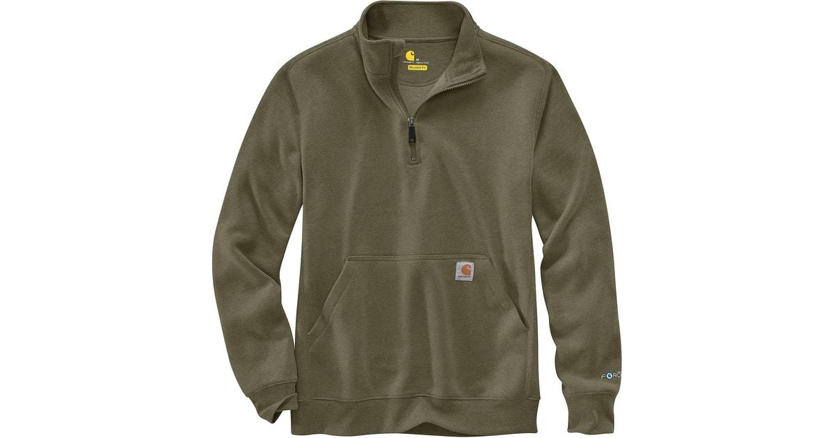 Carhartt Cotton Force Relaxed Fit Midweight 1/4 Zip Pocket Sweatshirt in Moss Heather (Green 