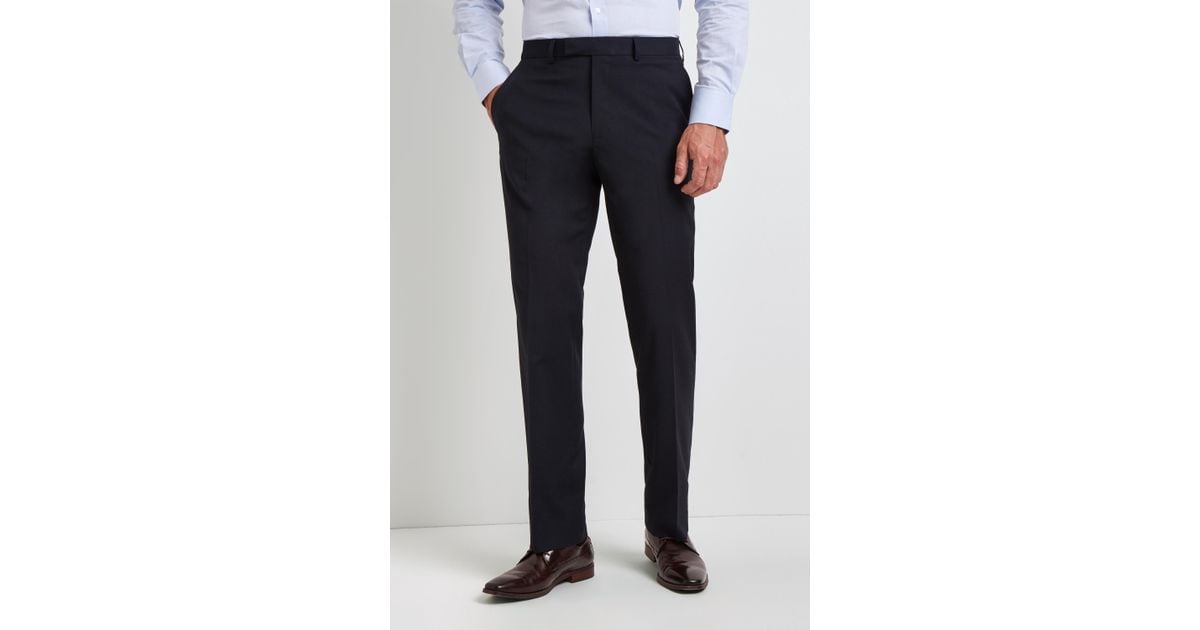 Moss Esq. Synthetic Regular Fit Machine Washable Navy Plain Trousers ...