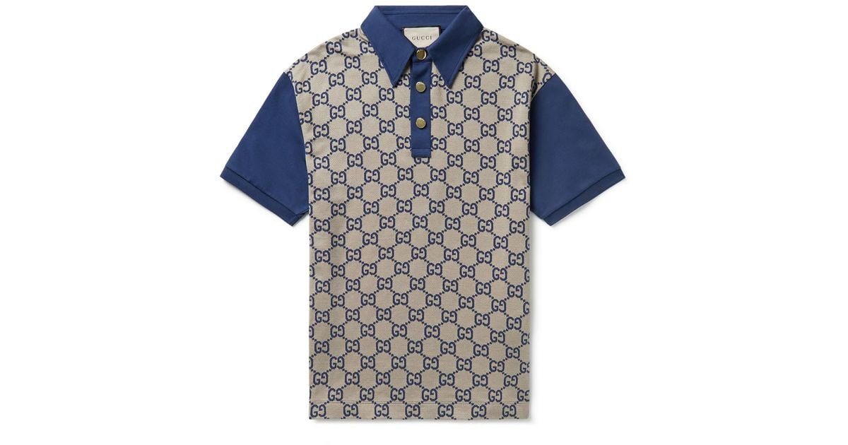 Gucci Monogram Contrast-trim Silk And Cotton-blend Polo Shirt in Blue ...