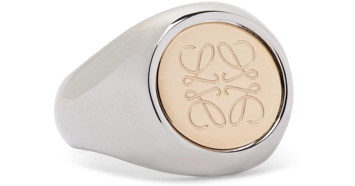 Loewe Logo Engraved Silver And Gold Tone Signet Ring In Metallic For Men Lyst