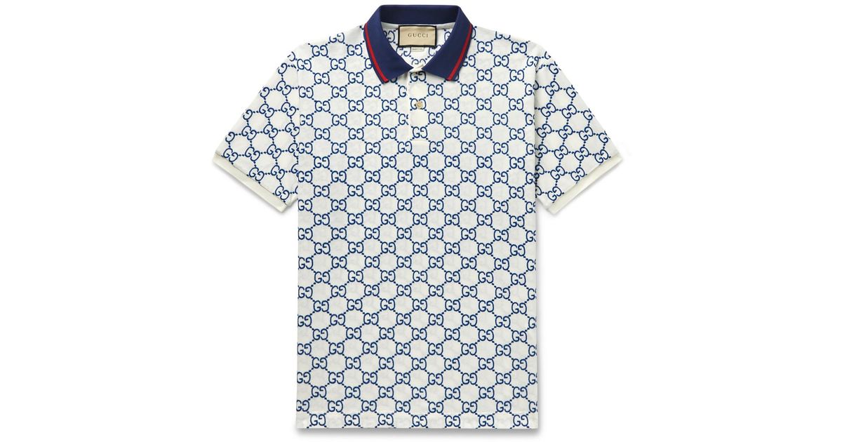 Gucci Logo-embroidered Cotton-blend Piqué Polo Shirt in Blue for Men | Lyst