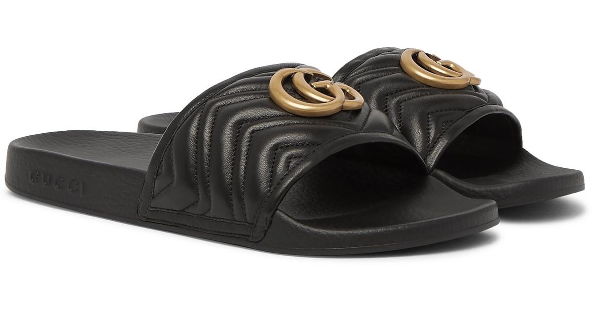 Gucci Pursuit Logoembellished Quilted Leather Slides in Black for Men Lyst Australia