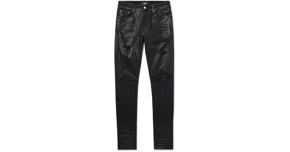 Amiri Mx1 Skinnyfit Distressed Leatherpanelled Coated Jeans in Gray