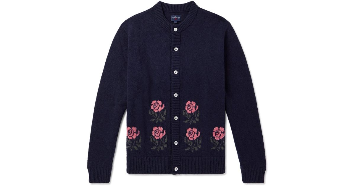 Noah Floral-Jacquard Shetland Wool Cardigan in Blue for Men | Lyst