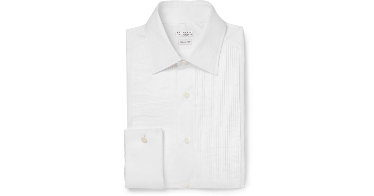 Brunello Cucinelli White Slim-fit Pleated Bib-front Double-cuff Cotton ...