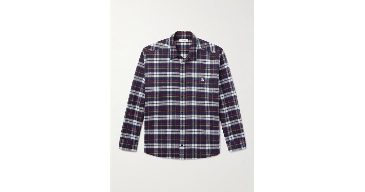 Celine Logo-Embroidered Checked Wool-Flannel Shirt in Blue for Men