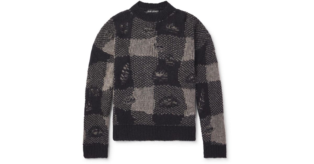 Sweater R Our Legacy Sonar Distressed Checked Open-knit Sweater in Black for Men ...