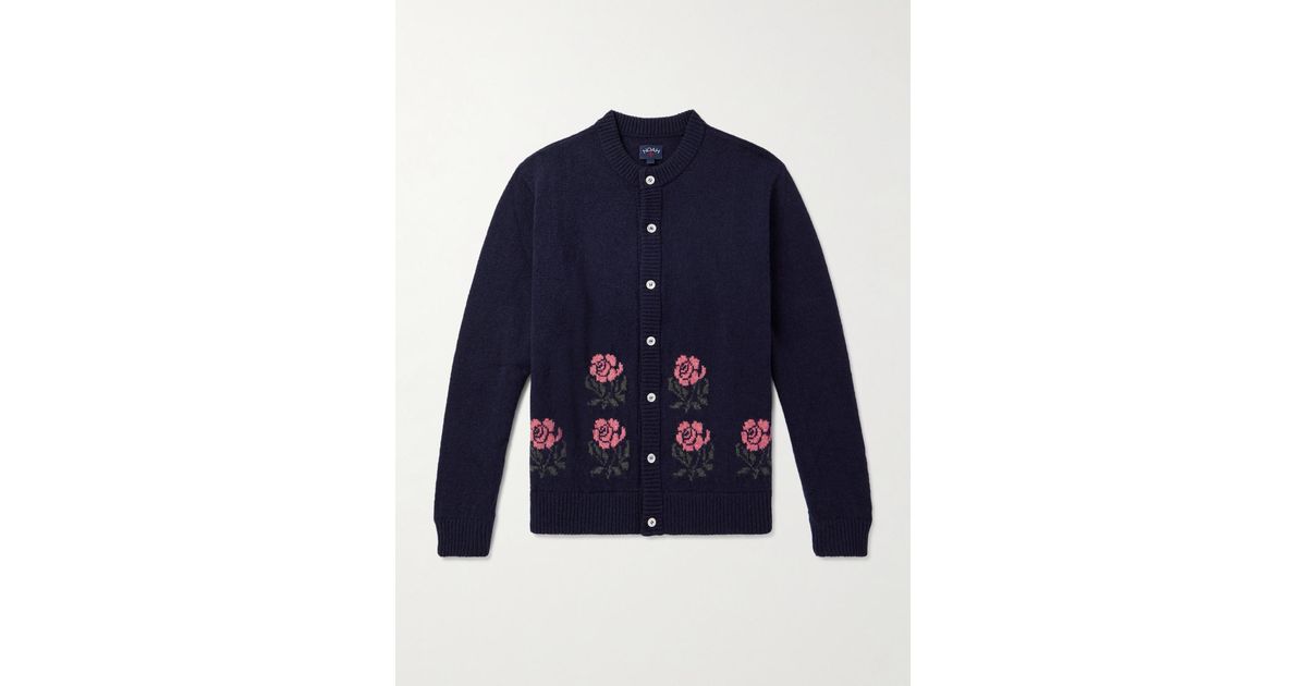 Noah Floral-Jacquard Shetland Wool Cardigan in Blue for Men Noah Floral-Jacquard Shetland Wool Cardigan in Blue for Men