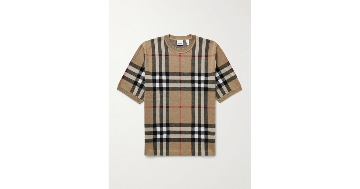 Burberry Checked Birdseye Silk And Wool-Blend T-Shirt in Natural