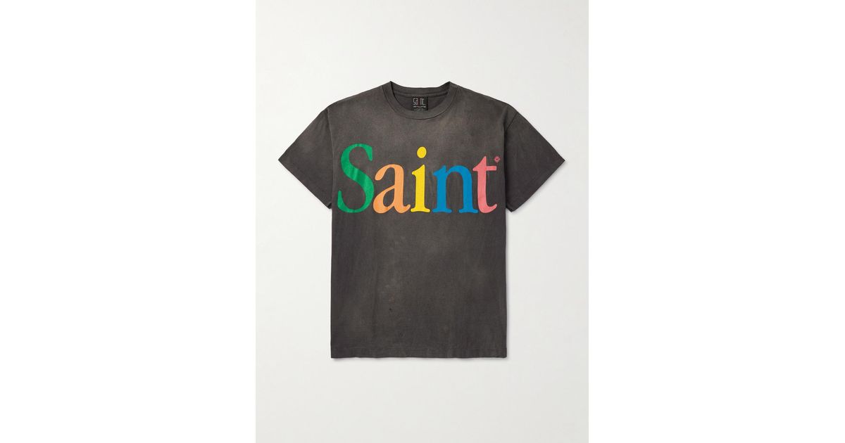 【SAINT Mxxxxxx T-SHIRTS】 SAINT Mxxxxxx Rainbow Logo-print Distressed Cotton-jersey T