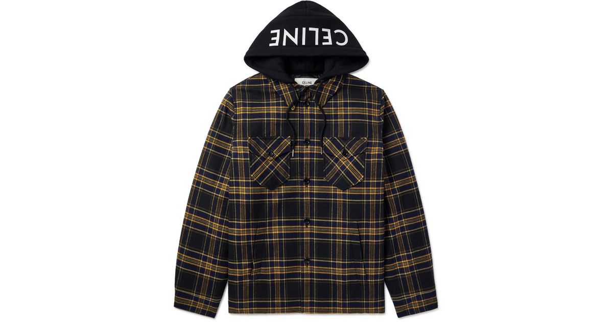 Celine Logo-Print Jersey And Checked Cotton-Flannel Hooded