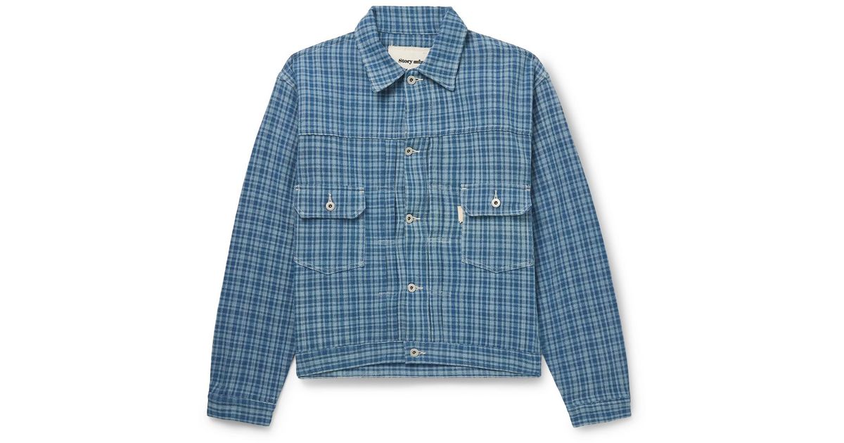 STORY mfg. Tuesday Checked Organic Cotton Jacket in Blue for Men