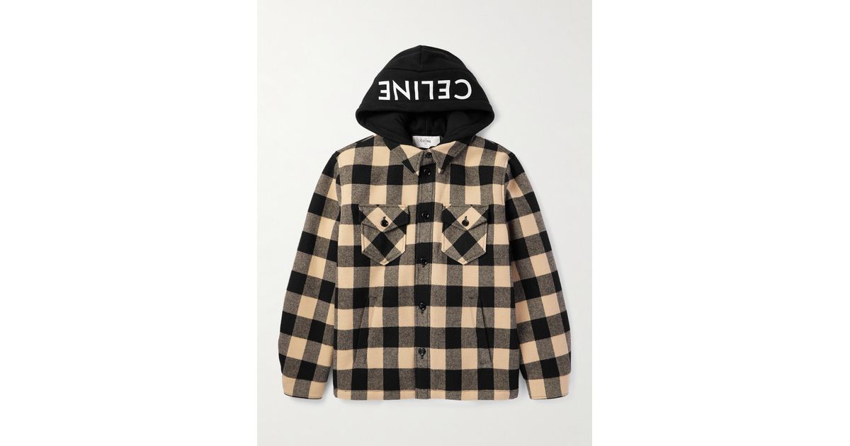 Celine Logo-Print Cotton Jersey-Trimmed Padded Checked Wool Hooded